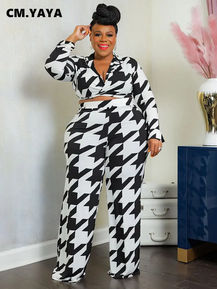 

CM.YAYA Vintage Plus Size Tie Dye Houndstooth Straight Pants Suit and Wrap V-neck Long Sleeve Shirt Blouse Two 2Piece Set Outfit