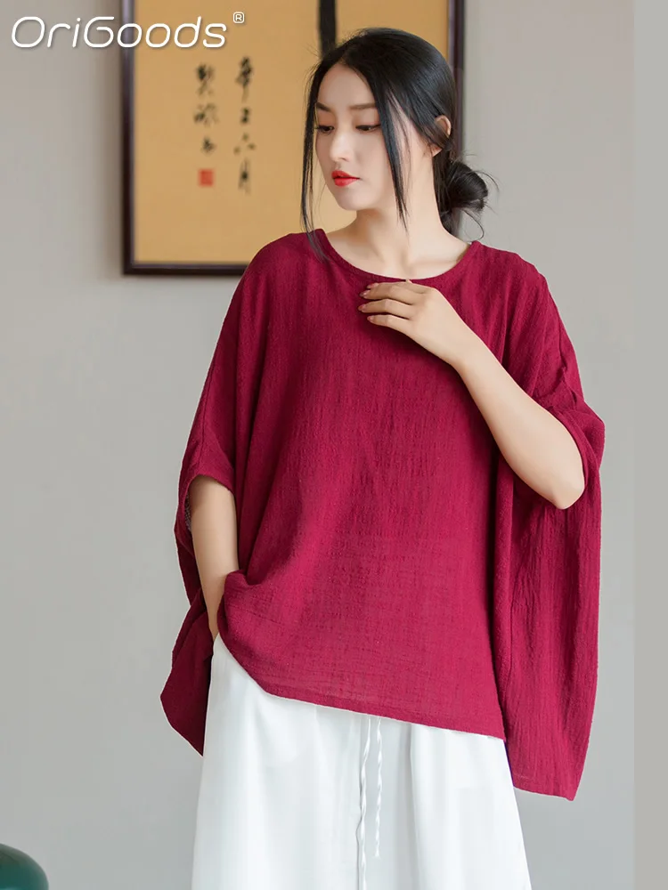 

OriGoods Oversized Blouse Women 2022 New Summer Cotton Blouses Loose Oversize Style Casual Shirt Zen Large Size Tee Tops B346