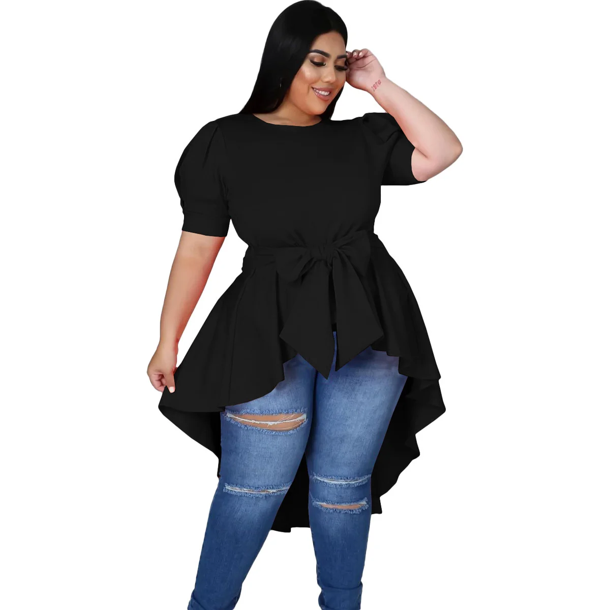 Women's Plus Size Dresses Fashion Bow Irregular Dress Elegant Solid Color Large Size Female Short Sleeve T-shirt Casual Commuter
