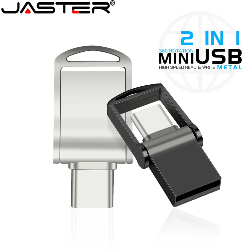 JASTER Pen Drive Type-C 2-in-1 Mini Metal 64GB Silver 32GB Black USB Flash Drives Free Engraving Logo Memory Stick Wedding Gift