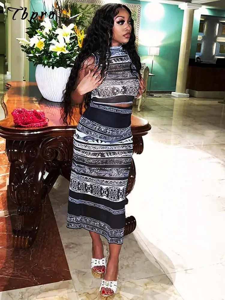 

Mesh Print Skinny Skirt 2 Piece Set Women Sleeveless Turtleneck Vest Top Long Skirts Suit 2023 Summer Lady Street Y2k Outfits