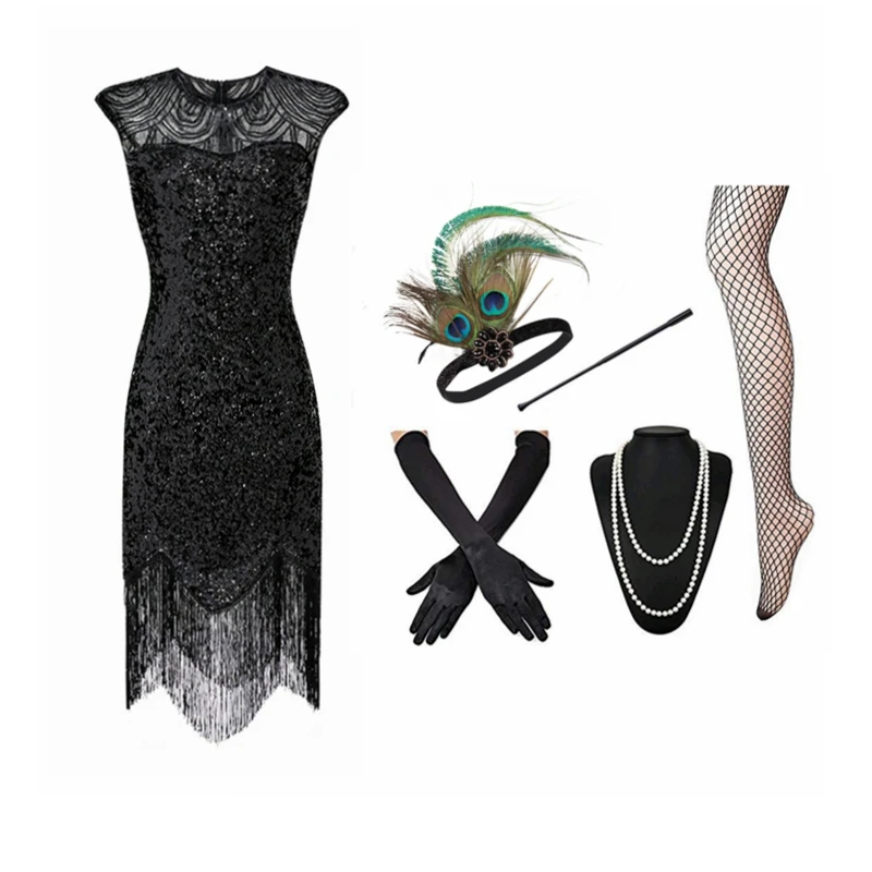 Plus Size XS-XXXL Women's 1920s Gatsby Inspired Sequin Beads Long Fringe Flapper Dress /Accessories Set New