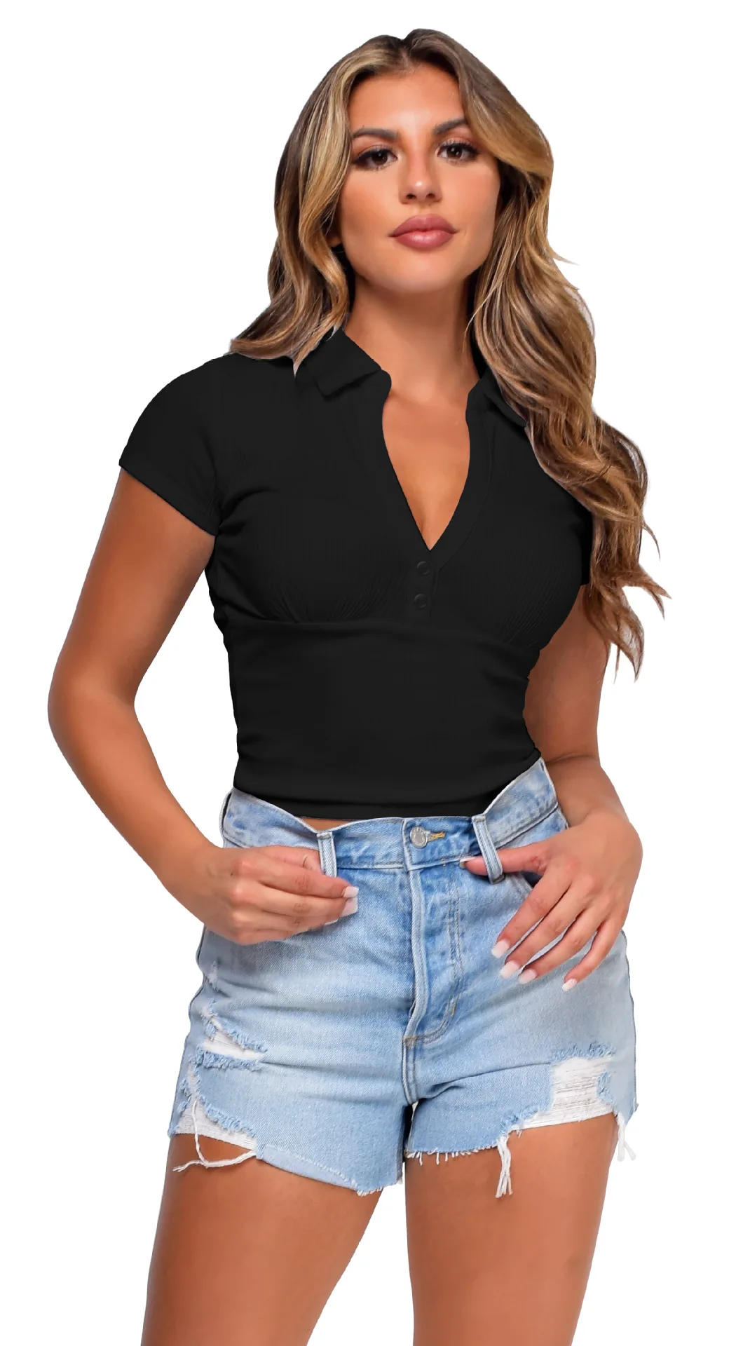 

European and American fashion summer women's clothing retro chic waist small shirt tight polo short sleeve casual T-shirt top