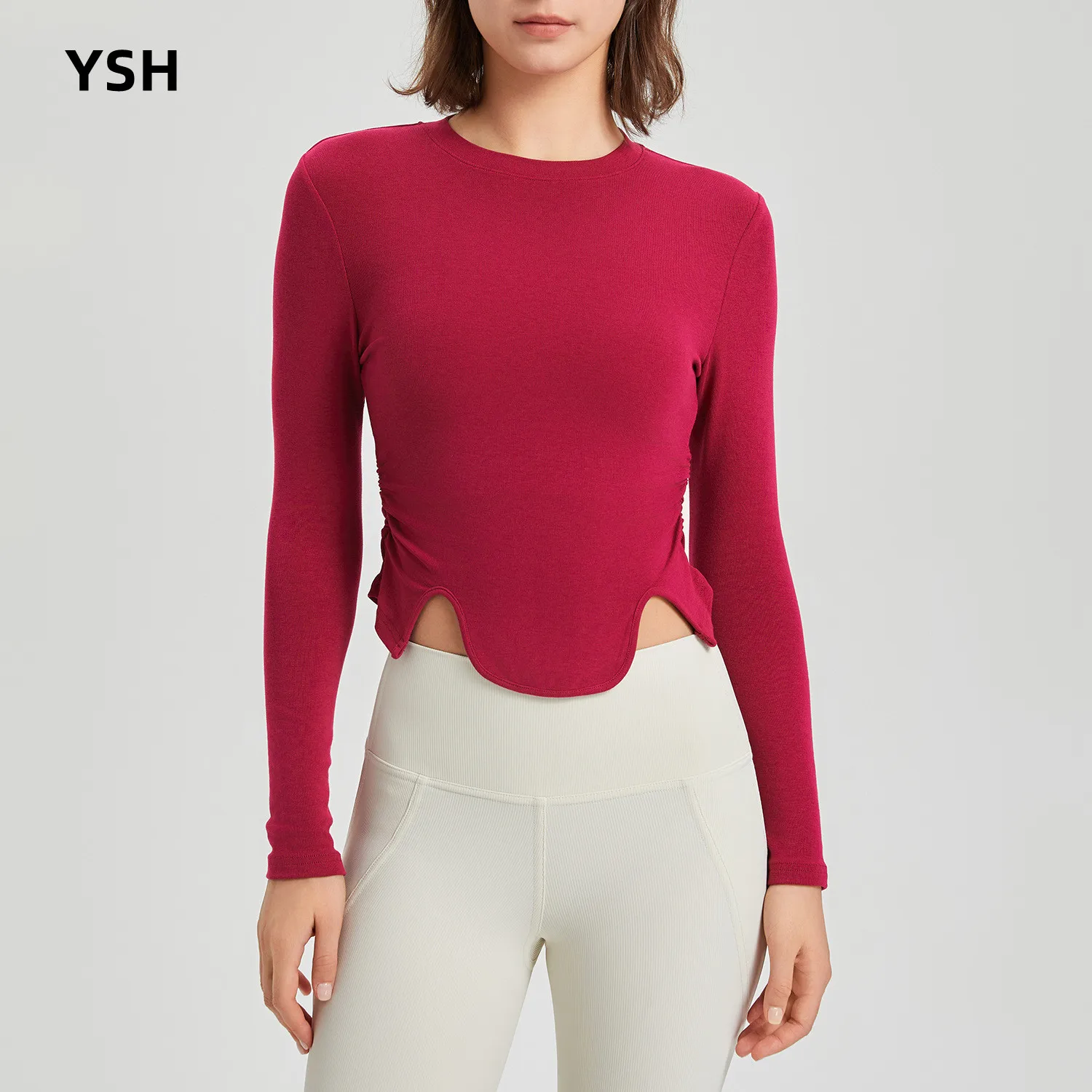 

YUSHUHUA Round Neck Long Sleeve Yoga Shirts Fitness Crop Top Curved Hem Running Tight Sports T-shirt Breathable Gym Workout Tops