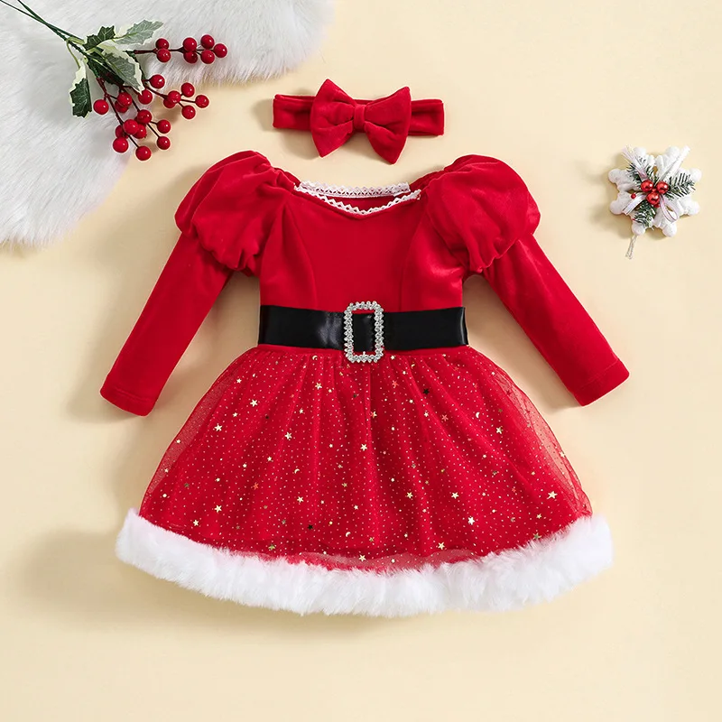 

12M-6Y Christmas Toddler Kids Puff Sleeve Girl Red Dress Long Sleeve Sequins Tulle Bow Tutu Party Dresses Headband Xmas Costumes