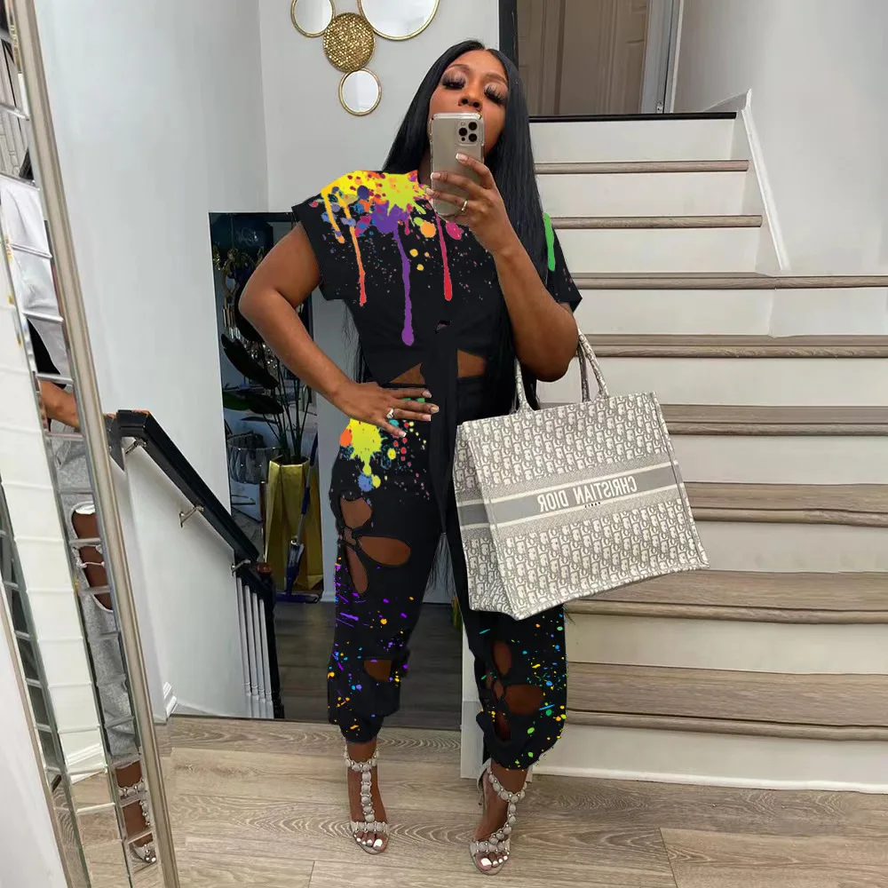 

2022 Summer 2 Piece Sets Womens Short-sleeved Lace-up Top and Hollow Out Sweatpants Casual Street Style Womens Outfits