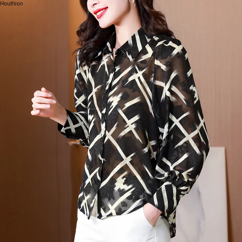 

Шифоновая женская блузка с принтом, рубашка-поло для девочек, Топ с длинным рукавом на весну и осень, модная одежда, повседневные женские блу...