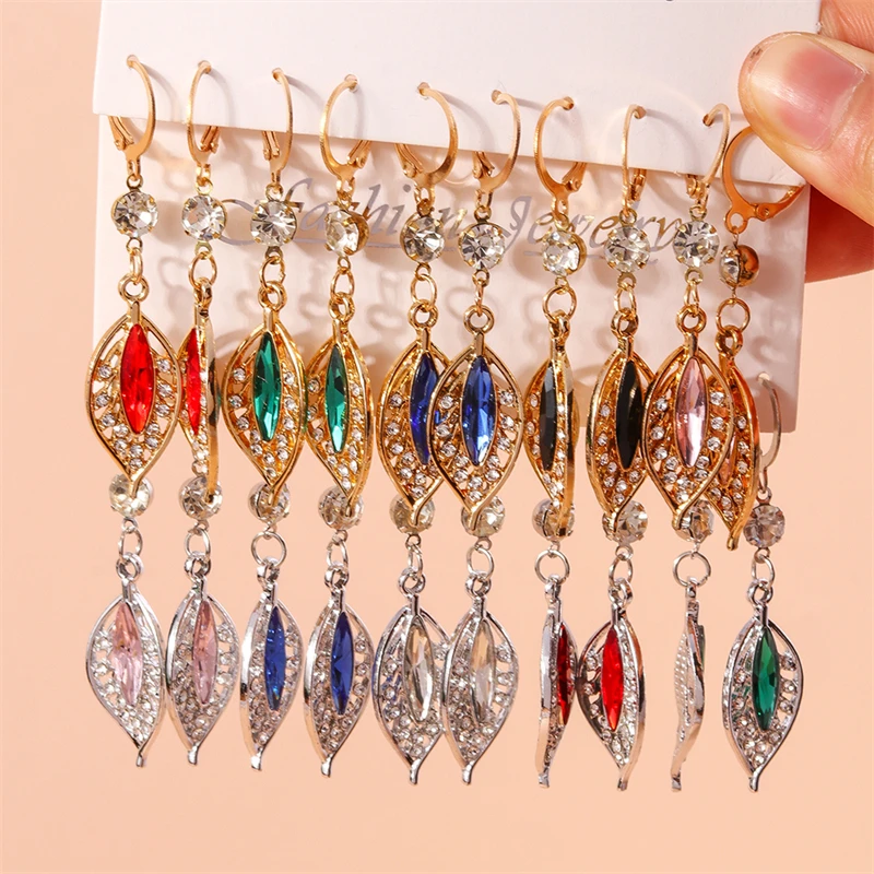 Элегантные красочные серьги-подвески с кристаллами и листьями дерева для женщин