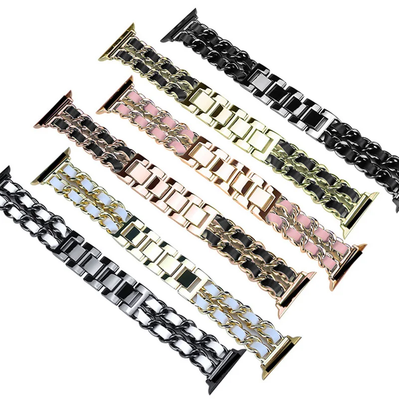 Luxury Metal Leather Strap For Apple Watch Band 49mm 41mm 45mm 44mm 40mm 38/42mm Women steel Bracelet For iWatch Ultra 8 7 SE 6