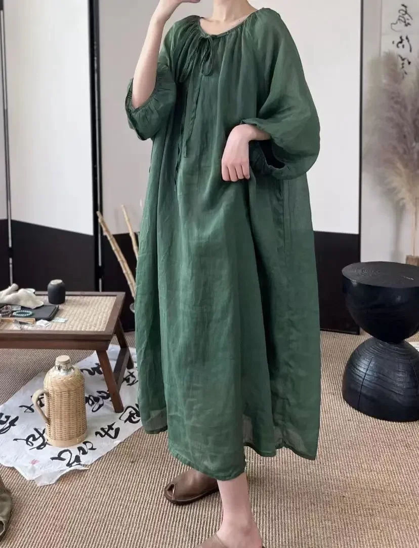 Платье-миди женское тонкое из хлопка и льна с круглым вырезом