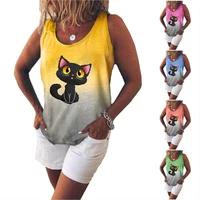 women fashion sleeveless top cat print tank top summer round neck vest t shirt tie dye halter shirt ladies loose tank tops