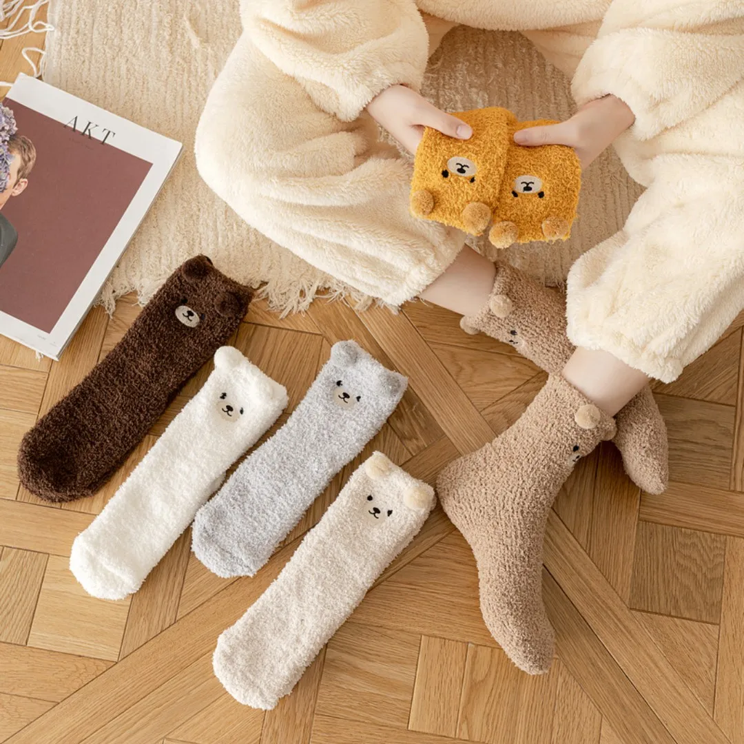 

1Pair Women's Socks Winter Cute Bear Coral Plush Socks Female Winter Warm Fleece Home Floor Socks Sleep Socks Mid Length Socks
