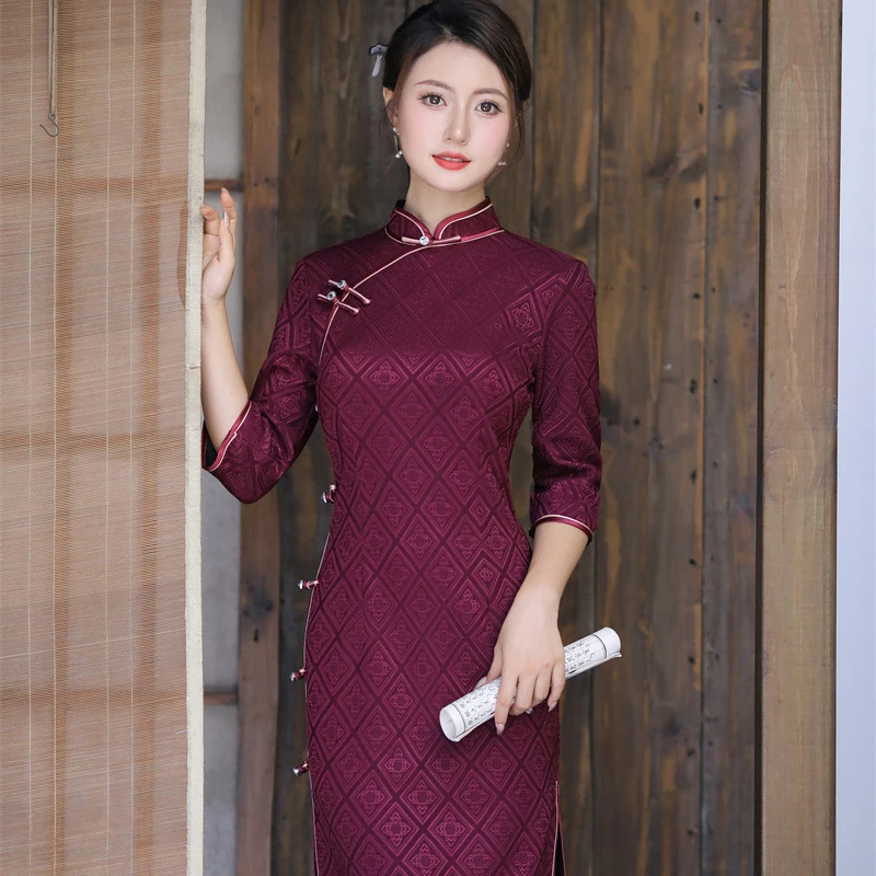 Женское винтажное платье-Ципао Элегантное Длинное облегающее платье цвета