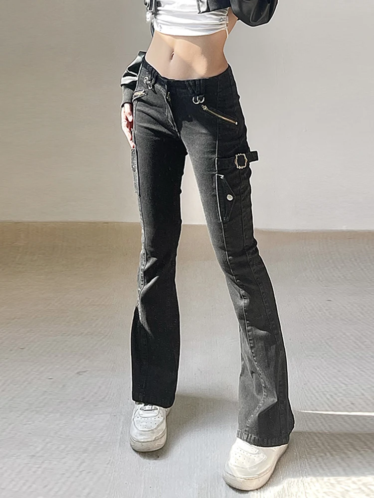 Gothic Punk Buckle Skinny Flare Jeans Women Slim Black Harajuku Denim Low Waist Trousers Korean Stretch Capris Pants