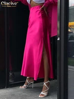 clacive fashion chic pink satin skirts for women sexy slim high waist slit long skirts streetwear bodycon female clothing 2022