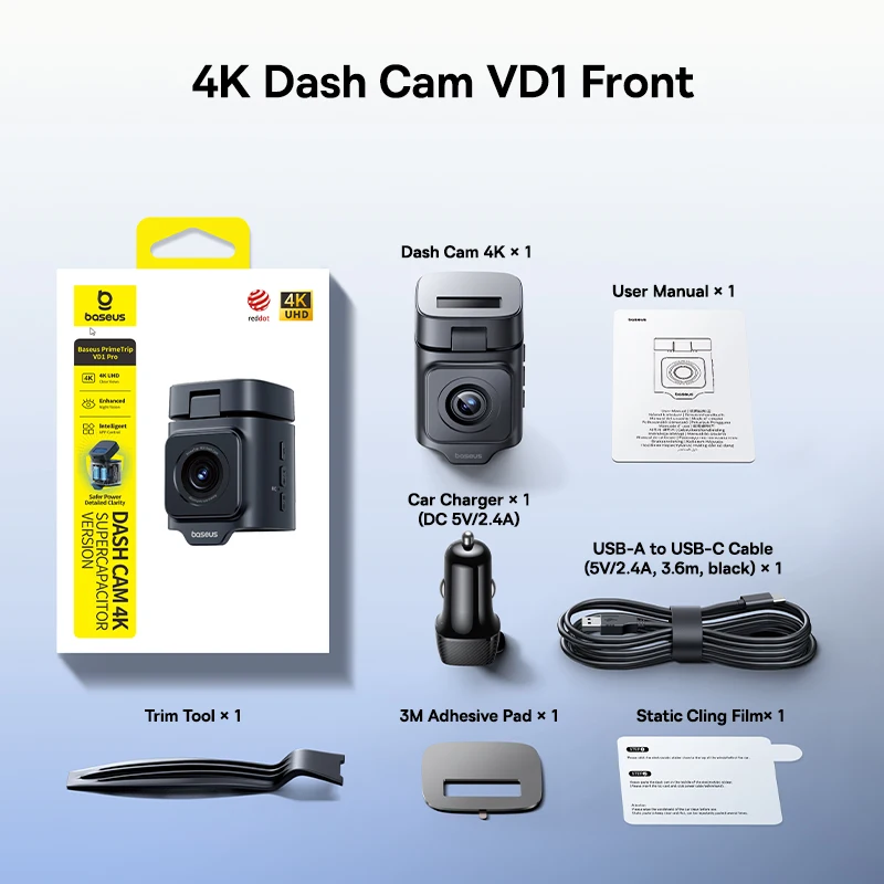 

Baseus VD1 4K Видеорегистратор Передняя UHD Автомобильная камера ночного видения Встроенный GPS ADAS Автомобильный видеорегистратор 140FOV Регулируемый просмотр Видеорегистратор