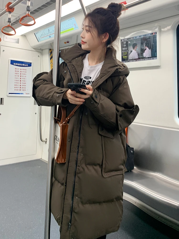 2022 Women Winter Long Warm Parka Hooded Oversize Korean Style Loose Female Coat Solid Black Coffee White Fashion