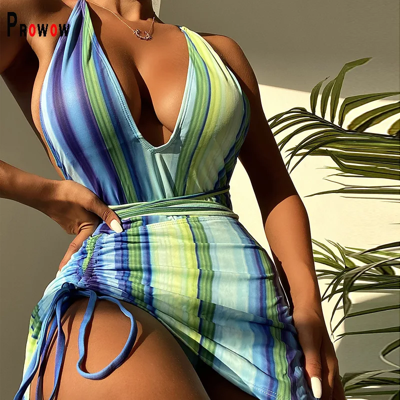 

Prowow Women Beachwear Bandage Backless Bodysuits + Skirt Two Piece Bathing Swimming Suits Blue Green Striped Lady Bikinis Set