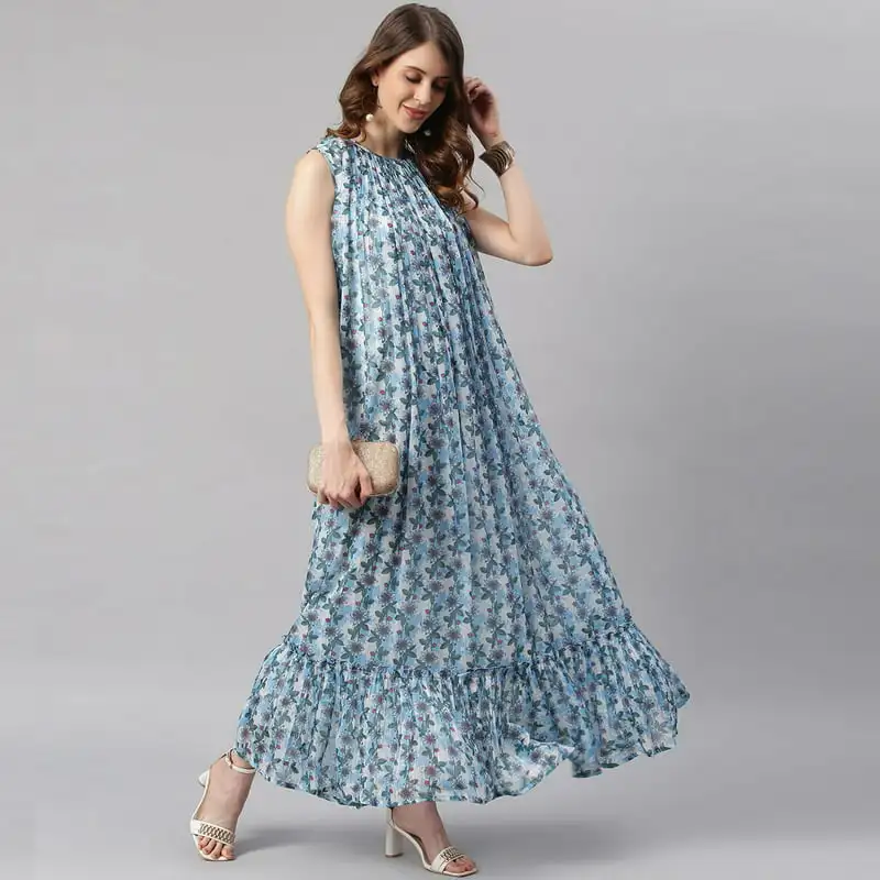 

Neck Sleeveless Floral Blue Poly Georgette Western Dress For Women,Summer Dress/Summer Wear