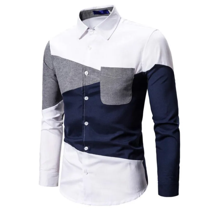 

#4652 Spring Autumn Spliced Color Long Sleeve Shirt Mens Euro Size Pockets Men's Shirt Office Regular Fit Man Shirt High Quality