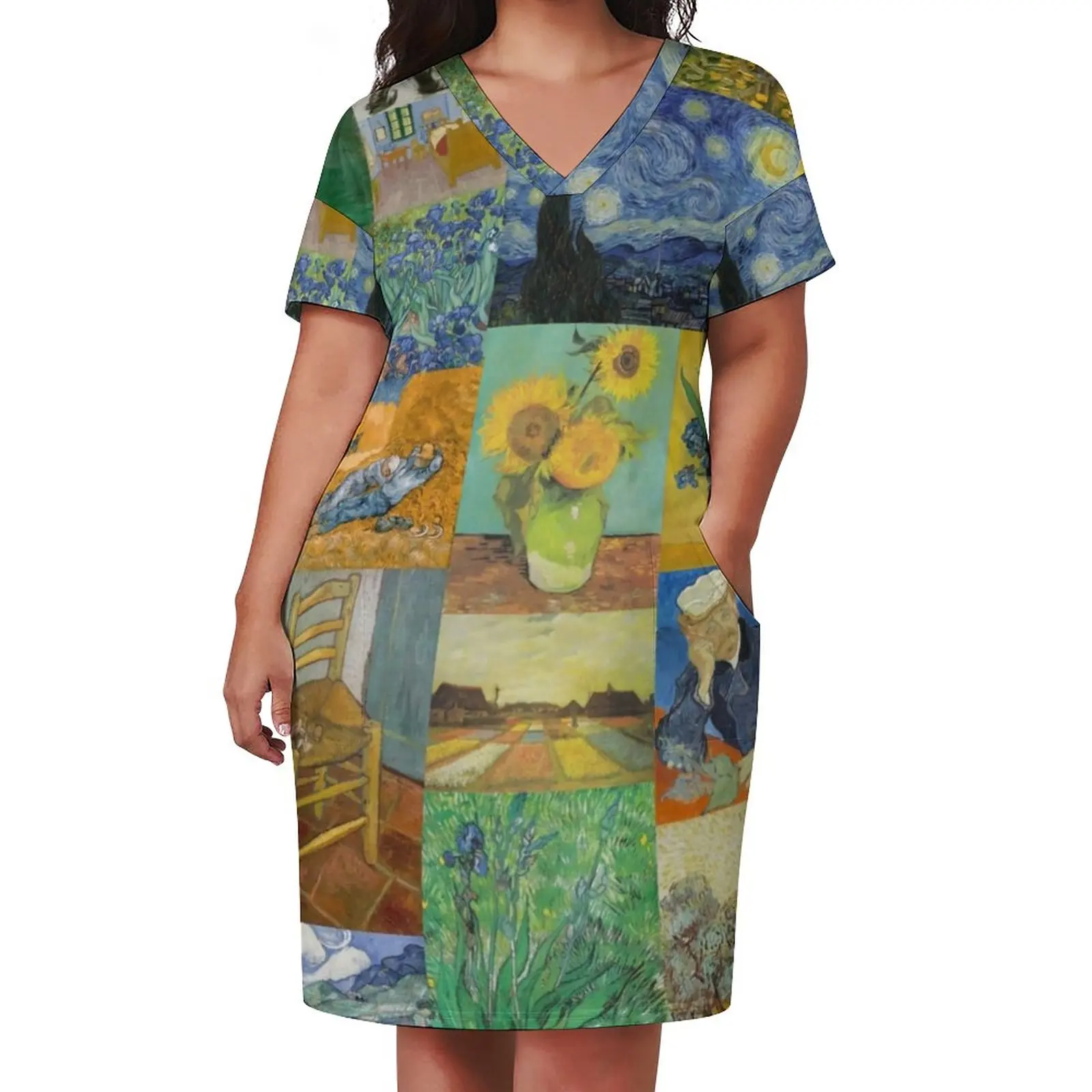 

Van Gogh Collage Dress Plus Size Sunflowers Print Street Fashion Casual Dress Female Summer V Neck Cute Dresses Gift Idea