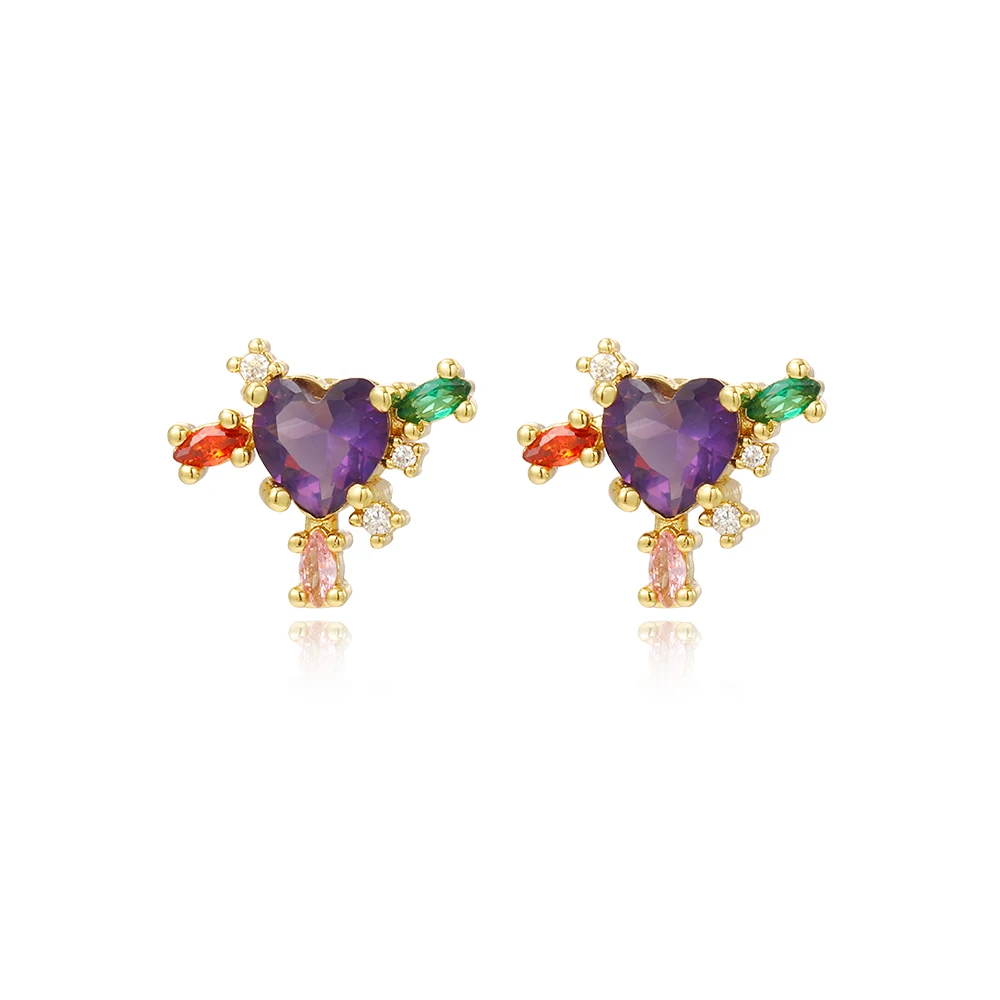 

New Fashion Shiny Purple Zircon Heart Stud Earrings Personalized Women Girls Party Wedding Engagement Romantic Jewelry Gift