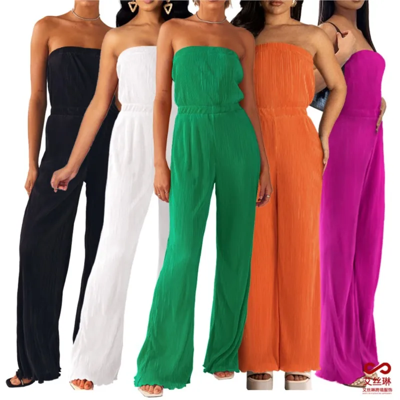 

Korean Clothes Women Dreess Dress Free Shipping And Cheap Pleated Sexy Cloth Left Leg JumpSuit Solid Polyester Beach Summer 2023
