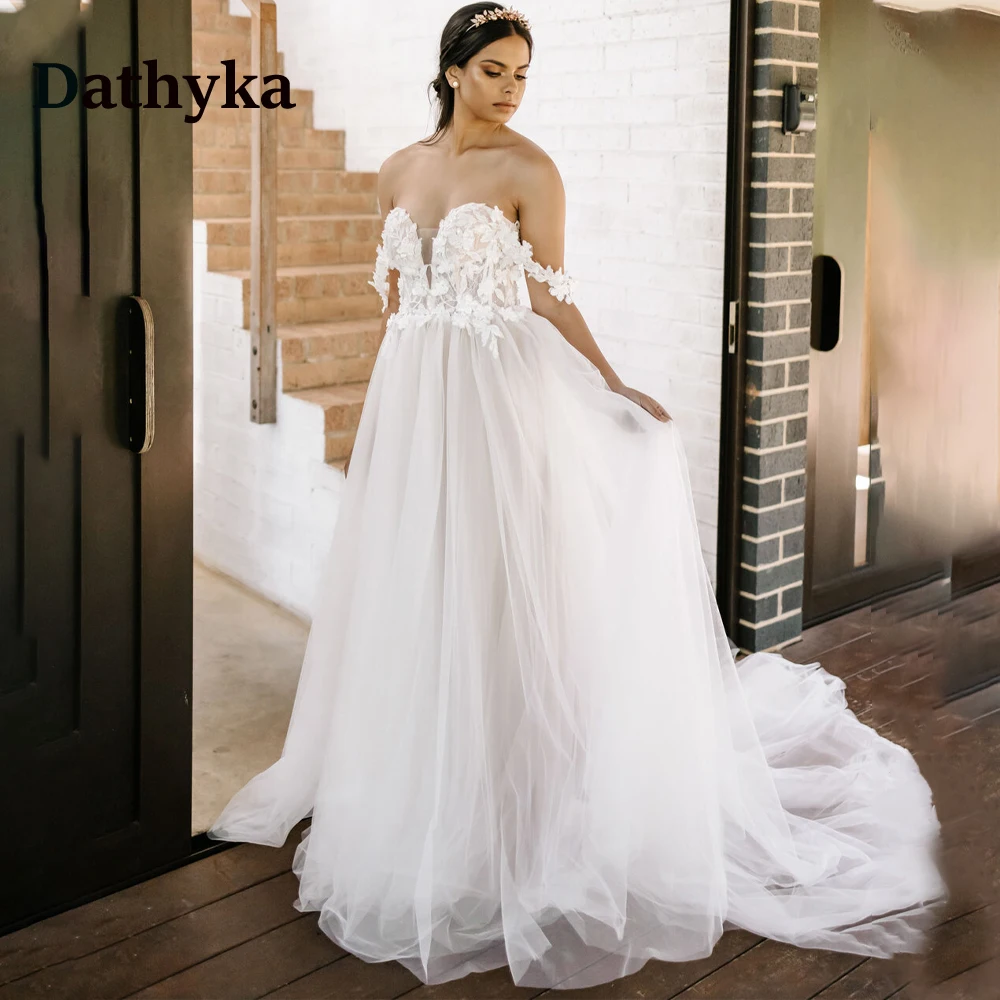 

Dathyka A-Line Tulle Wedding Dresses For Bride Simple Zipper Off The Shoulder Backless Appliques Deep V-Neck Vestidos De Novia