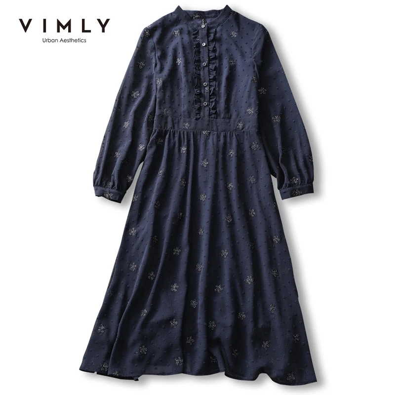 Длинное платье VIMLY для женщин 2021 Весна с длинным рукавом трапециевидная вышивка