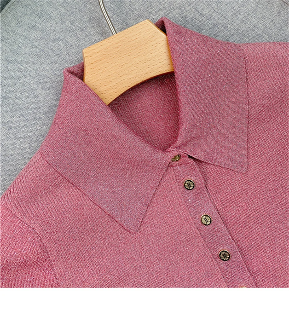 

New 2023 Women's Polo Knitted Cardigan Spring and Summer Slim Simple Short Sleeve T-shirt