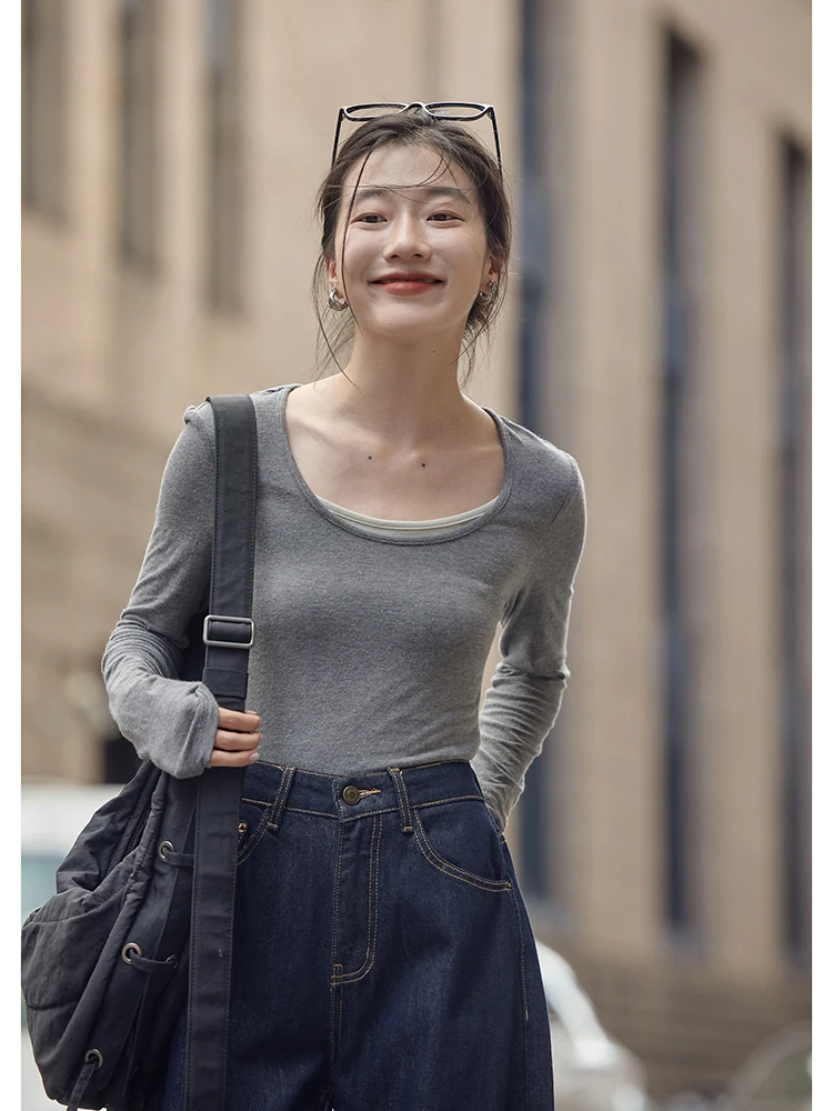 Рубашка с длинными рукавами в Корейском стиле круглым вырезом женская осень 2024