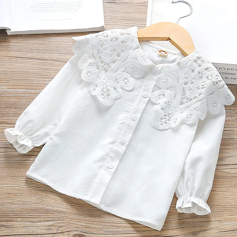 White Blouse 2-9 Year Kids Cotton Blouse Girls Autumn Clothes Basic Chic Solid Lace Embroidery Collar Princess Clothes Tee Child