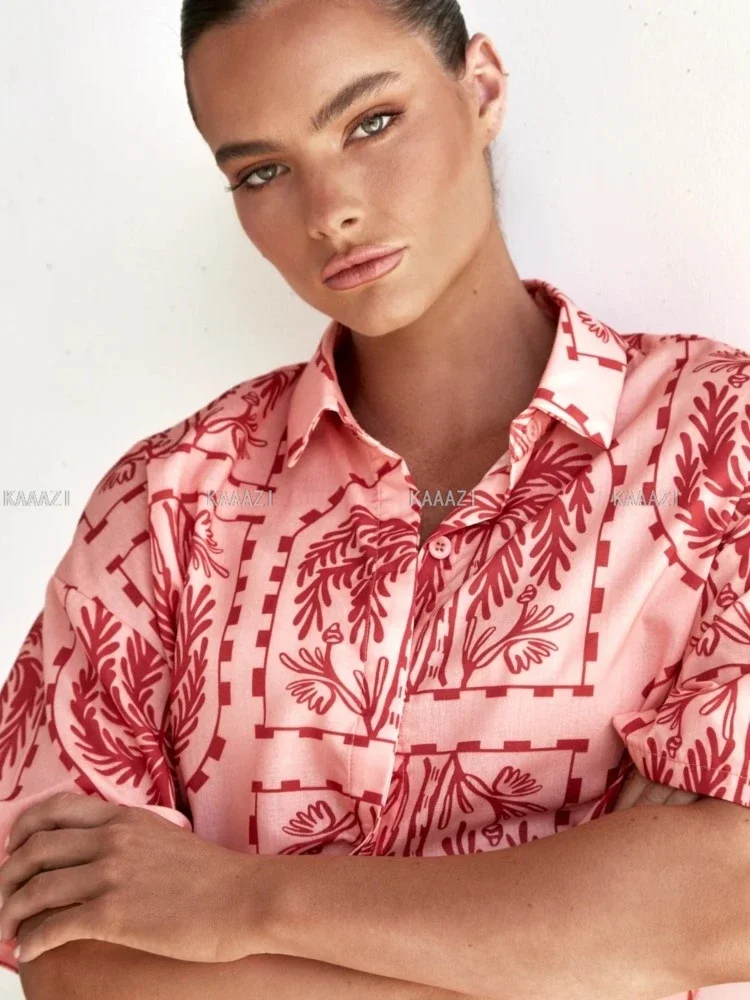 Повседневная модная женская рубашка с коротким рукавом принтом блузка верхняя