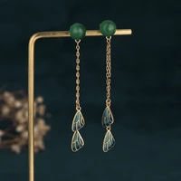 china style ear jewelry tassel long chain feather stud earrings burnt blue cloisonne green jade beads women earrings female 60mm