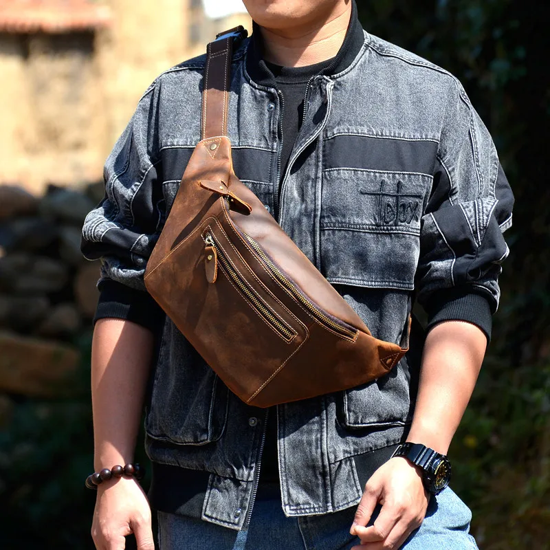 Vintage crazy horse cowhide men's chest bag fashion outdoor daily multifunctional genuine leather waist bag crossbody bag