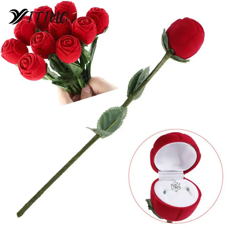 

Creative Rose Flower Ring Box Flocking Flowers Wedding Engagement Marriage Valentine Day Gift Rings Box Jewelry Package Cases