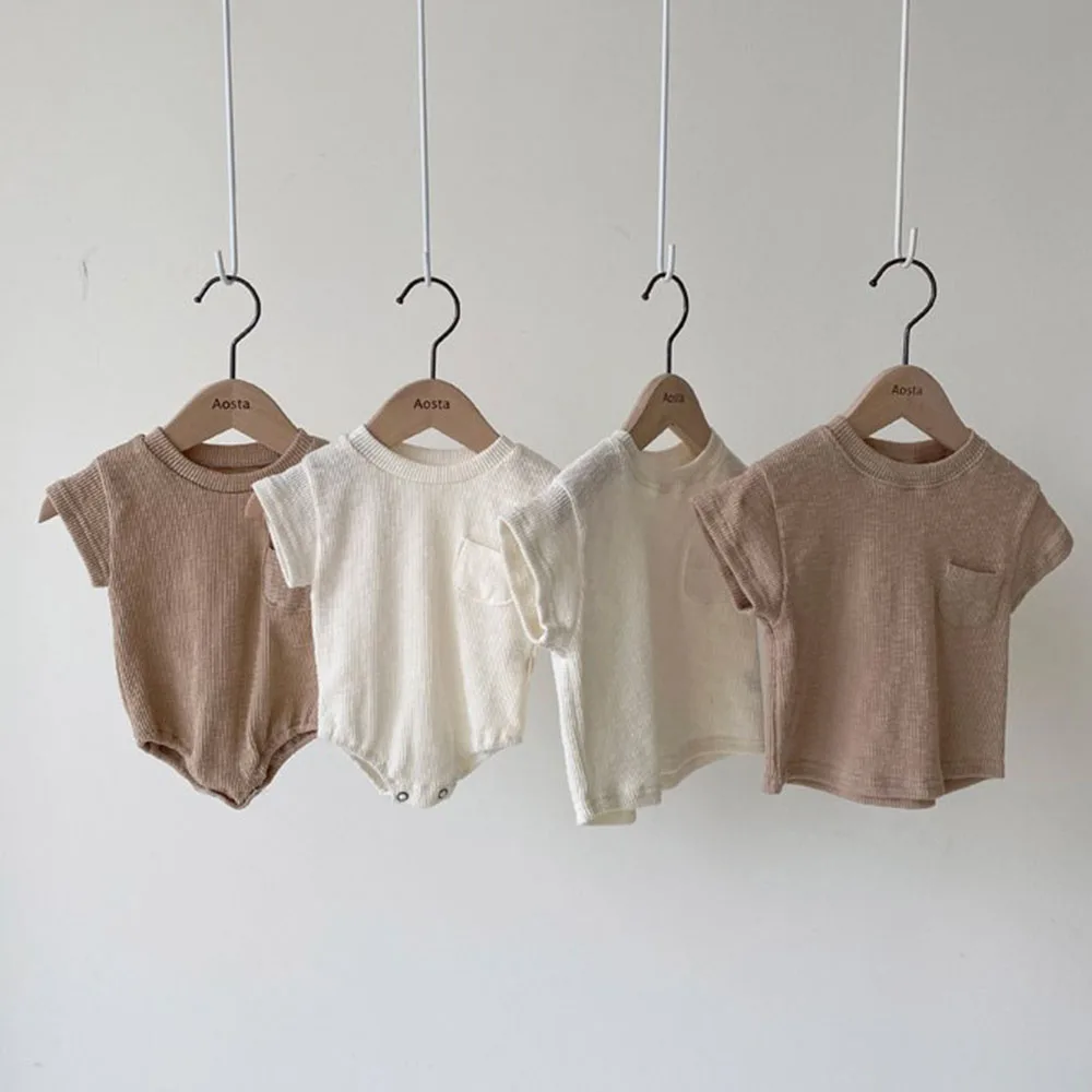 

2022 Summer Kids Outfits New Baby Casual Romper T-Shirts and Shorts Soft Cotton Fashion Infant Kids Solid Outfits for Girls Boys