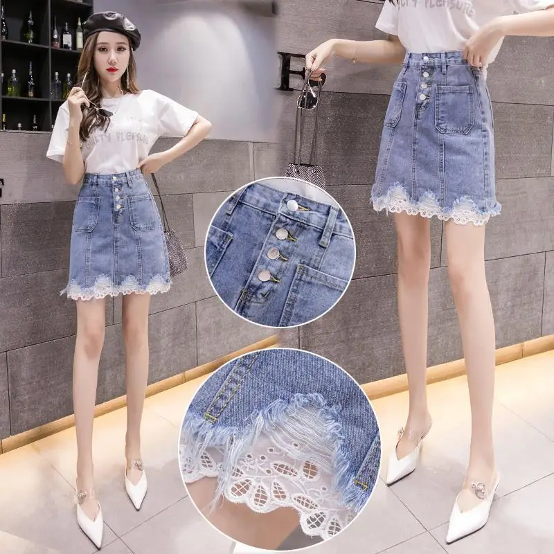

Women 2022 Summer New Korean High Waist Denim Skirts Female Lace Stitching Jeans Skirts Ladies Slim Package Hip Skirts O171