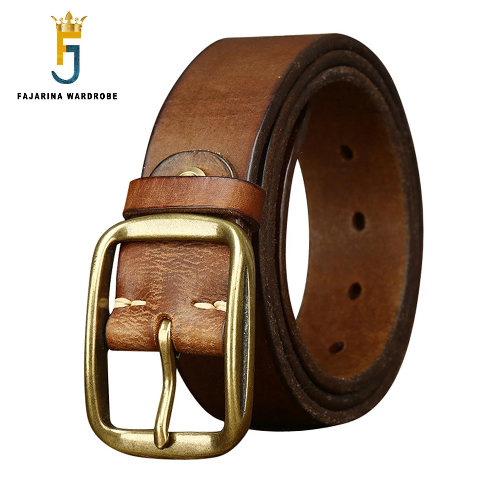FAJARINA New Men's Cowhide Leather Top Layer Cow Skin Jeans Belt Copper Buckle Male Thickened Pure Belts 10 Years Use N17FJ1224