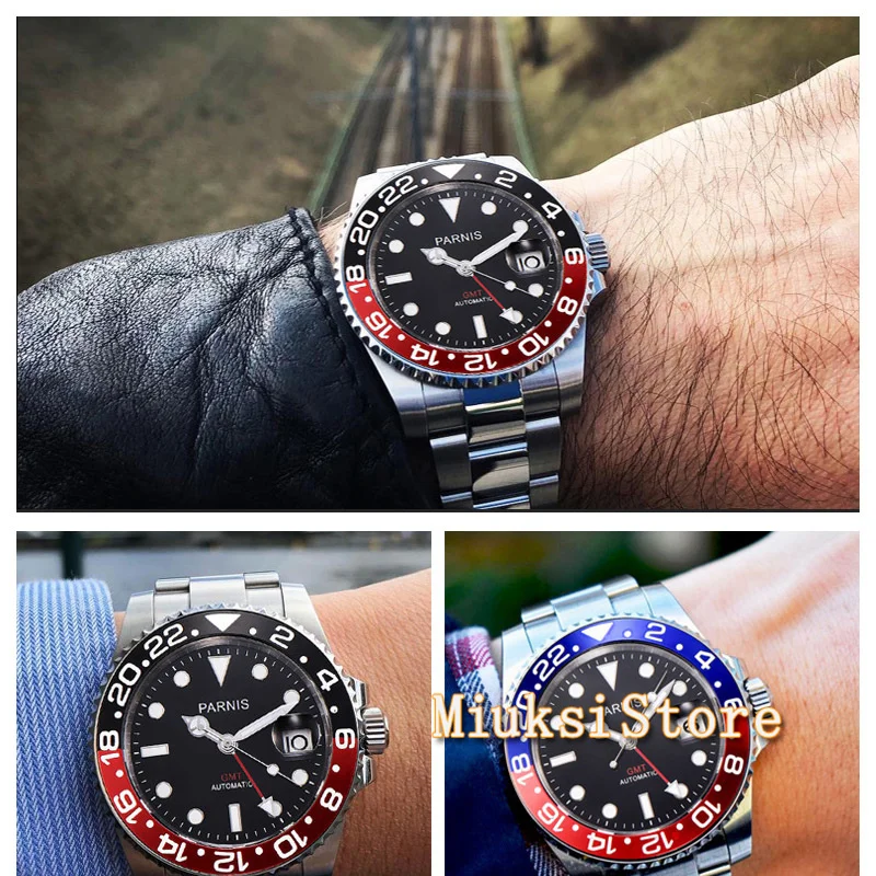 Мужские автоматические механические часы Parnis 40 мм роскошный бренд GMT сапфировый