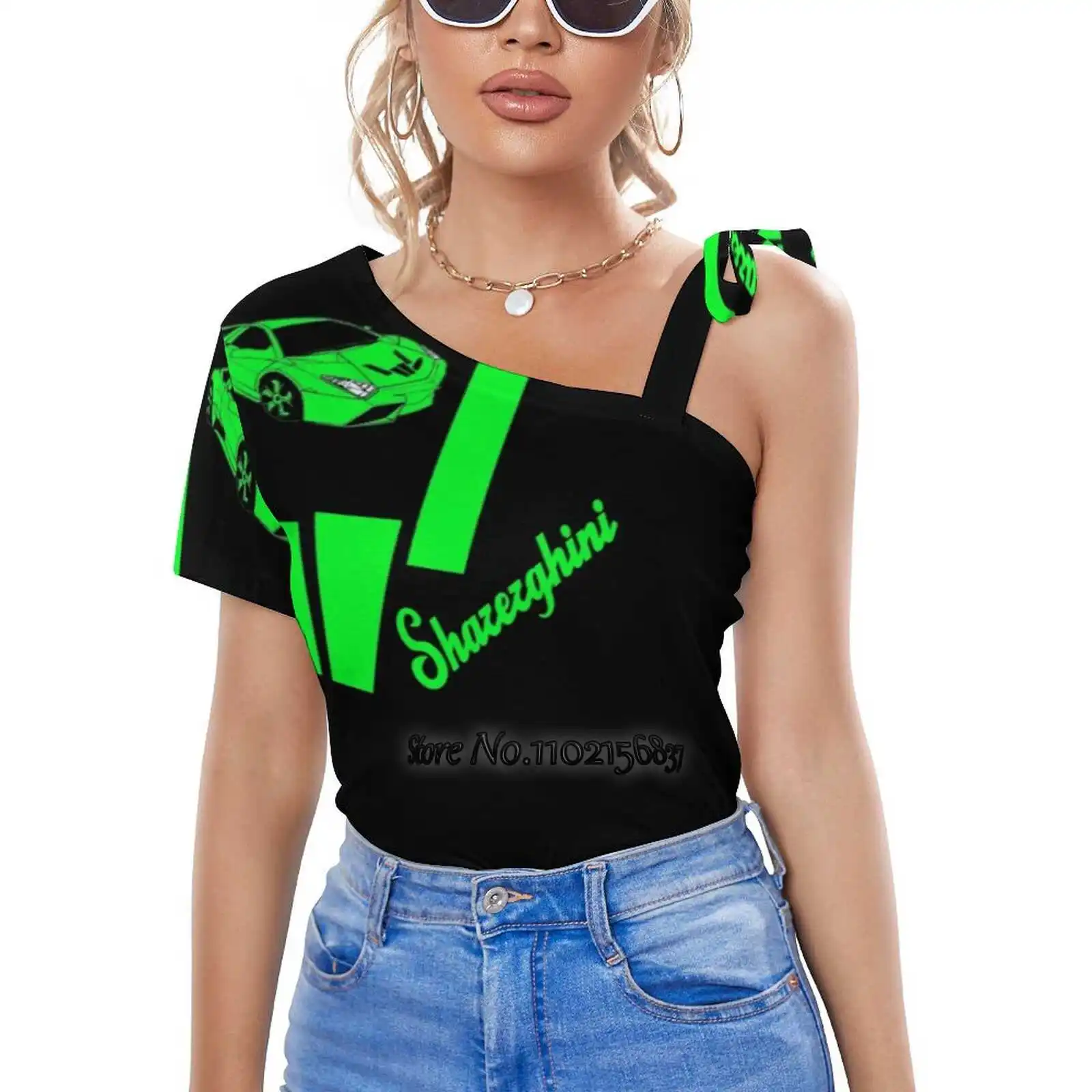 

Зеленая Сексуальная футболка Sharerghini, повседневные топы на одно плечо, футболки со шнуровкой, корейские футболки, Sharerghini Galaxy Kaname otory Diamond