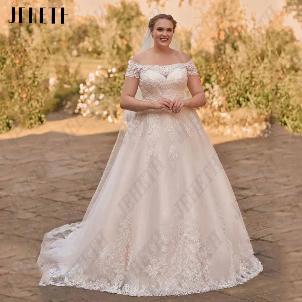 

JEHETH Light Champagne Wedding Dress Boat Neck Off Shoulder Bride Gowns Plus Size Lace Applique A-Line 2023 vestidos de novia