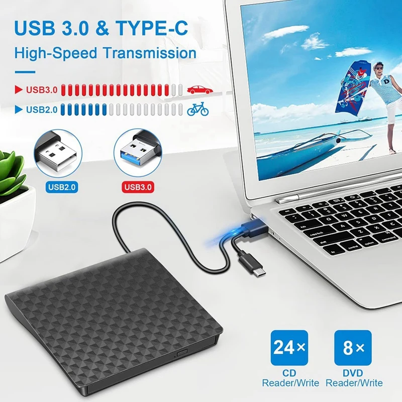 Фото USB 3.0 Type C Внешний CD DVD-плеер Оптический привод-считыватель Портативный DVD-привод CD-считыватель для настольного ноутбука-ABVP №1