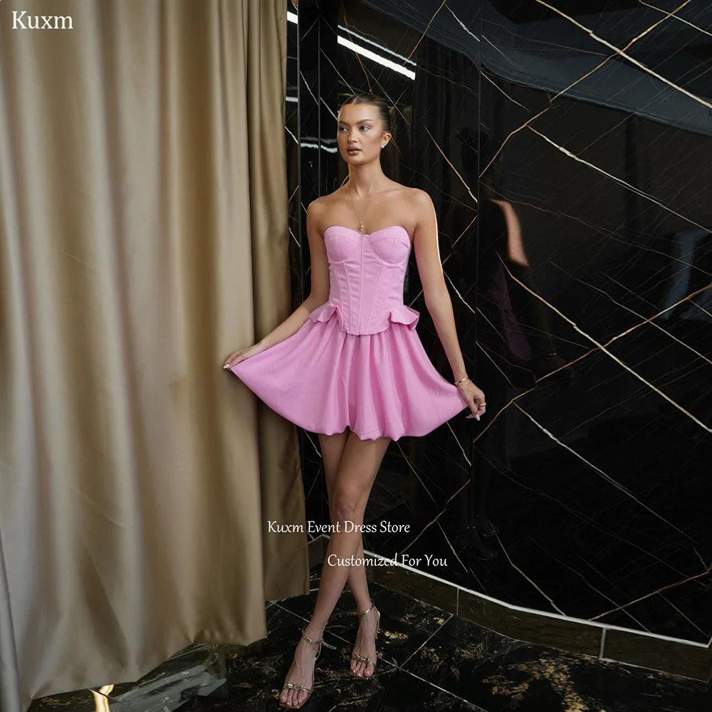 Фото Розовое мини-платье Kuxm Sweetheart для выпускного вечера, без рукавов, А-силуэт, атласное, с открытой спиной, вечернее платье, на заказ №1