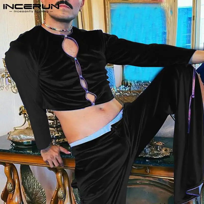 

INCERUN 2023 American Style Men's Sexy Leisure Splicing Blouse Fashion Casual Male Comfortable Knitted Long-sleeved Shirts S-5XL