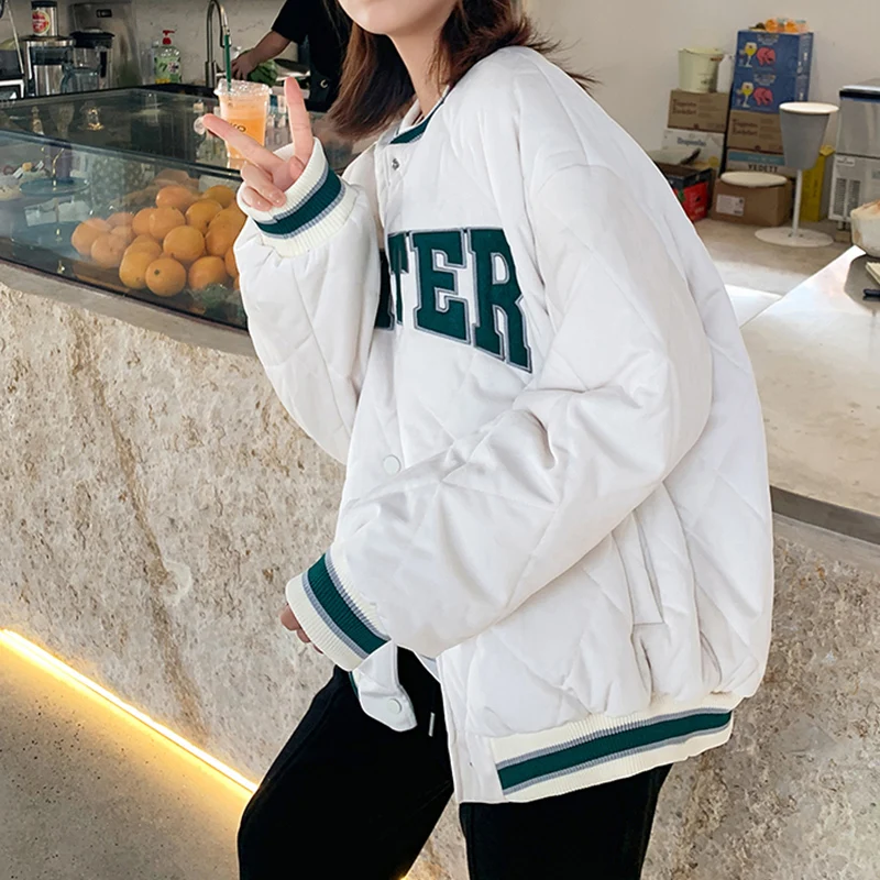 All-Match Women's Fleece Baseball Uniform Loose Fashion Letter Printing Thickened Cotton Padded Clothes Winter Outerwear 2022