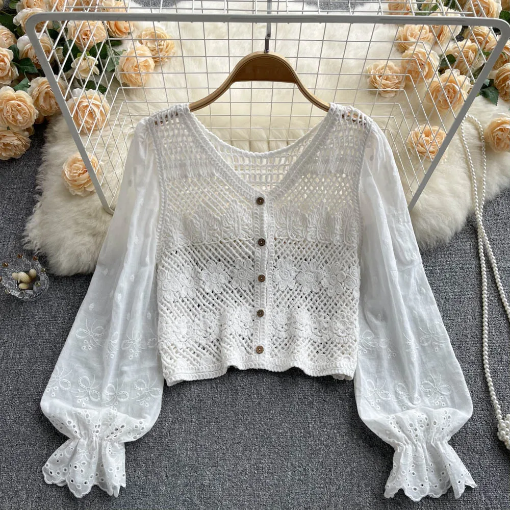 

Elegant Almighty Women Blouses White Flare Long Sleeve V Neck Single Breasted Shirts Hollow Out Blusas For Woman Dropshipping