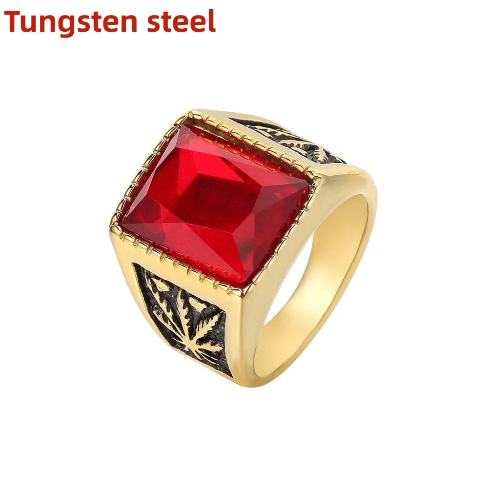

Trendy men's square black red stone ring Tungsten steel vintage stamp ring Rock Punk Men Jewelry accessories Boyfriend gift