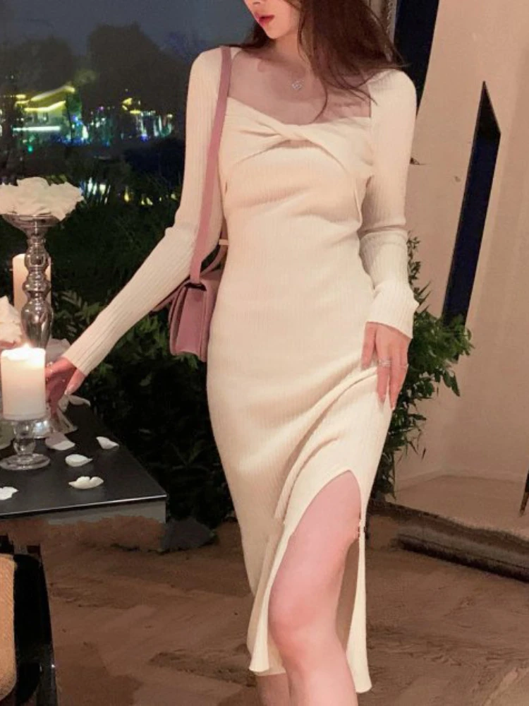 

Autumn New In Twisted Front Sweater Dress Square Collar Knee-length Long Sleeve Solid Color Stretch Knit Dress Side Split Hem