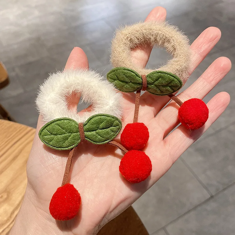 1/2pcs/lot Red Cherry Elastic Hair Rings Girls Plush Hair Ring Cute Sweet Elastic Multi-colored Headwear Korean Hair Accessories